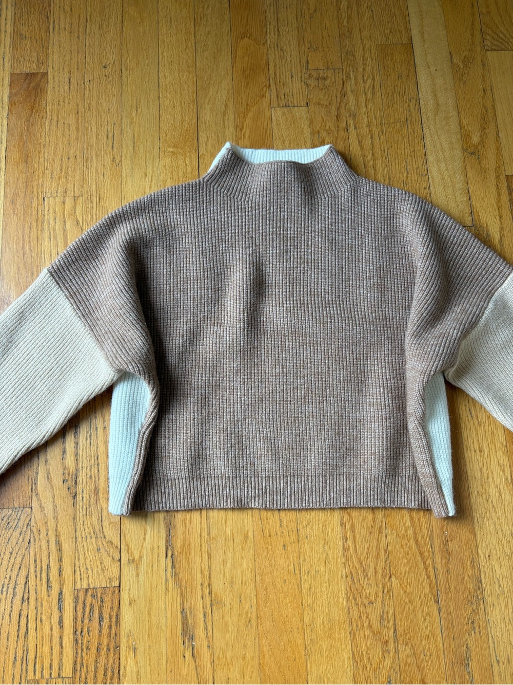 Le Lis Two-Tone Brown and Cream Ribbed Mock-Neck Sweater